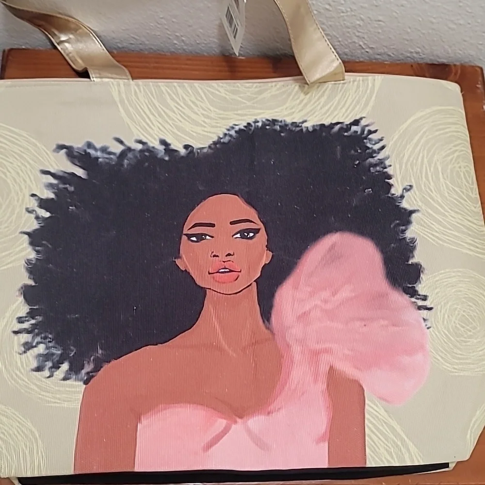 African American Expressions Canvas Handbag Women Large Beige Tote Bag Pink Afro